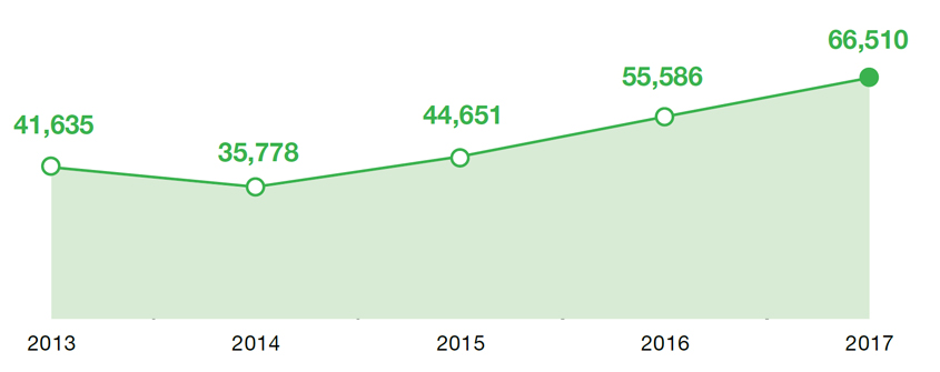 El gráfico muestra el número de participantes en los cursos en 2013 (41.635), 2014, 2015, 2016 y 2017 (66.510)