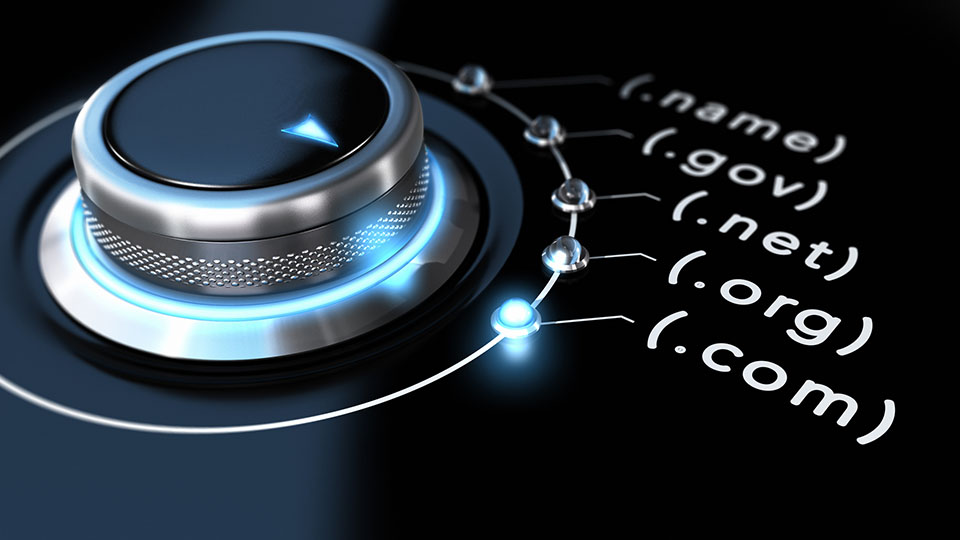 Switch button for domain name choice with blue light, black background.