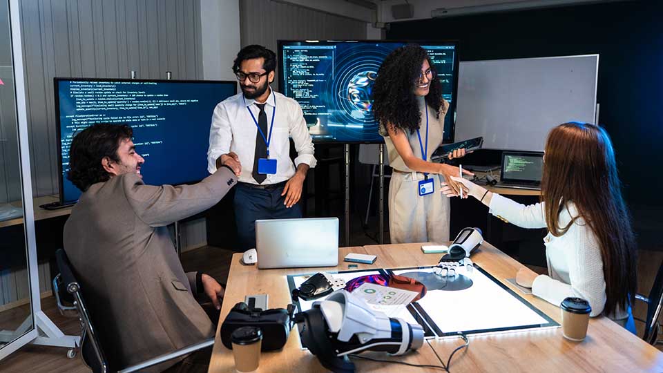 Tech engineer partner handshake celebrate success AI project contract agreement