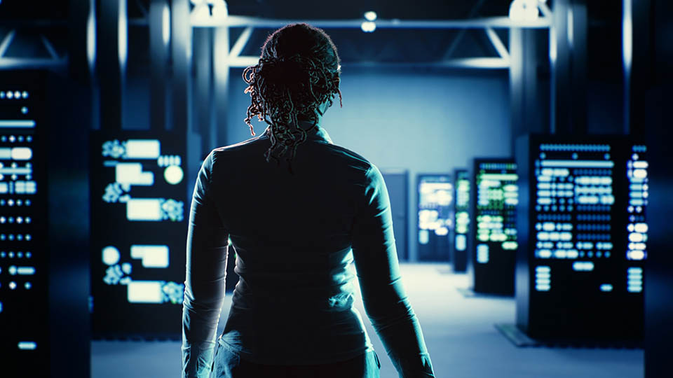 Woman strolling around data center server rows