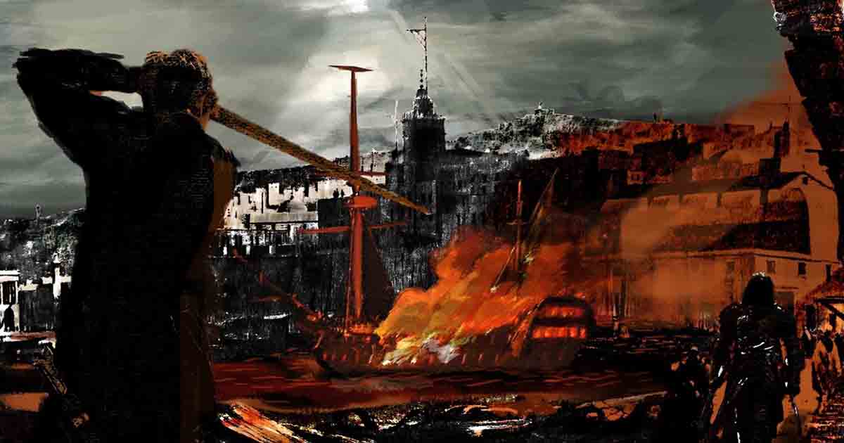 This is a dramatic, expressionistic painting depicting a post-apocalyptic or war-torn urban landscape.