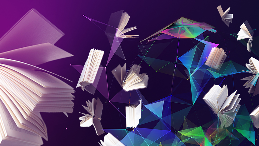 Graphic design of open books flying through space