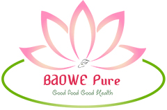 BAOWE Pure logo featuring a pink lotus flower, a white goat, surrounded by a green circle with the moto: good food good health