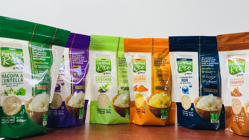 Fortigrains whole selection of fortified rice in different colors and different varieties (Cinnamon, Iron, Curcumin, Catechins, Zinc, and Bacopa and Centella)