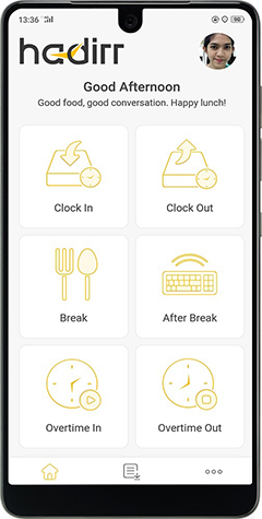 The screen of a smart phone featuring the Hadirr app showing icons for afternoon work attendance