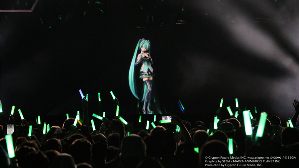 Crypton Future Media's virtual singer "Hatsune Miku" performing on stage