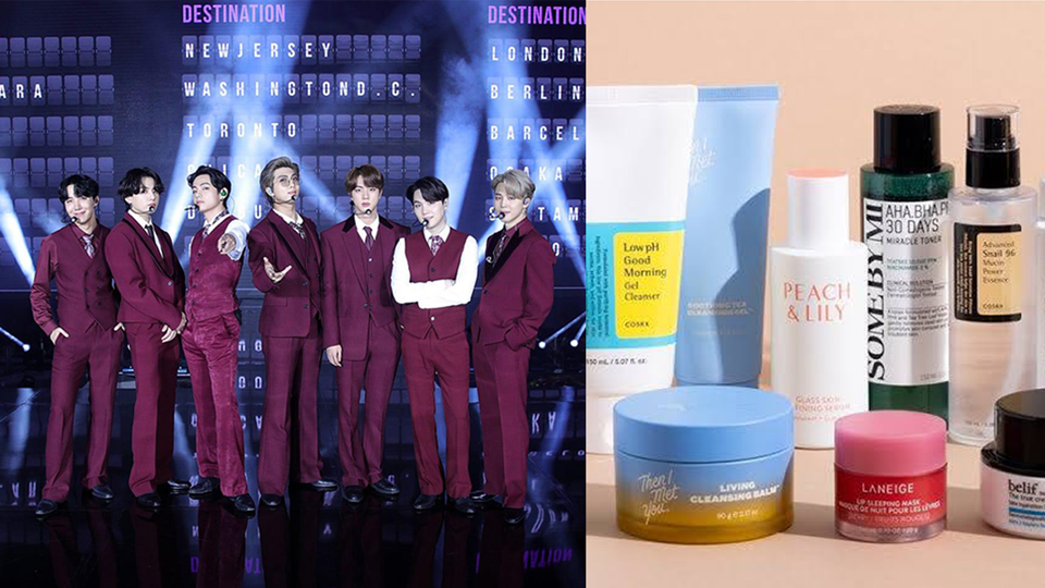 Split image showing K-pop group BTS wearing burgundy suits onstage in front of a destination display on the left, and a collection of skincare products, including cleansers, serums, and moisturizers in colorful packaging, arranged against a peach background on the right.
