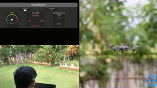 Myndrone, a drone controlled by the user’s brain waves seeing hovering in a garden