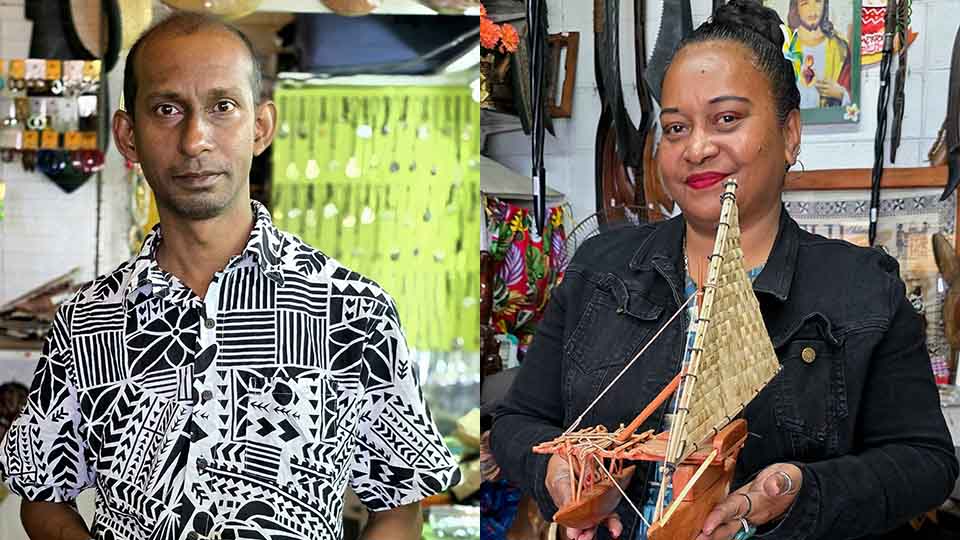 Bir Vijay Anand, one of the vendors of the Suva Handicraft Center (left) and Terry Sherren Salote in her shop (right)