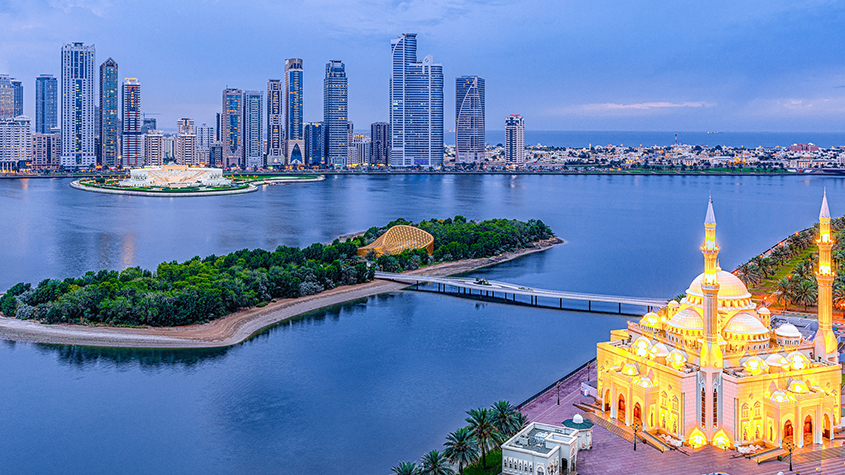 Sharjah city pictured with Al Noor Mosque in the foreground