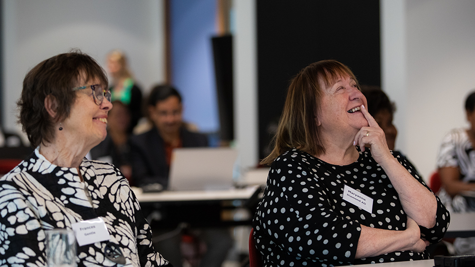 Ms. Frances Gentle, President, ICEVI (left) and Ms. Maryanne Diamond, AO, Past President, World Blind Union (right) at the Right to Read Conference in Sydney, Australia.
