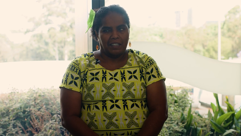 Ms. Ruci Senikula, United Blind Persons of Fiji, seated and being interviewed.