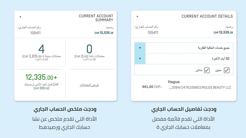 Screenshot showing the Current Account at WIPO widgets