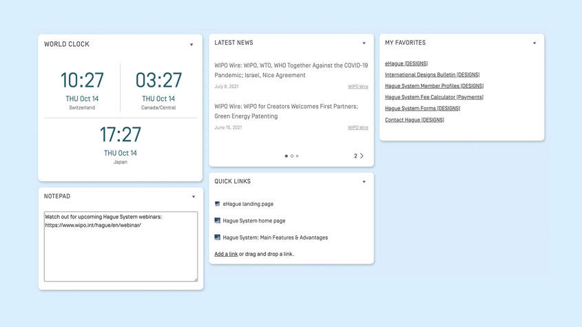 Screenshot showing the IP Portal's generic widgets