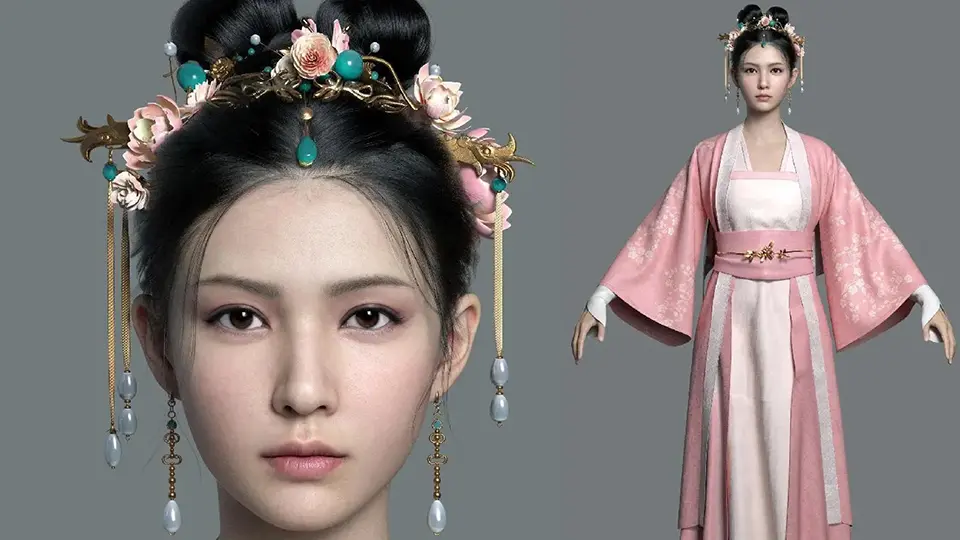 A woman in traditional attire and hairdo