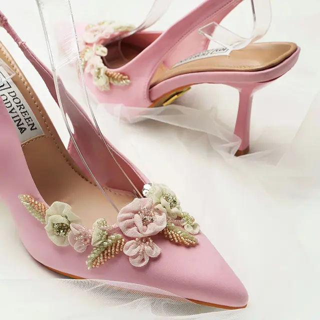 Pink Doreen Odvina occasion shoes with flower embellishments