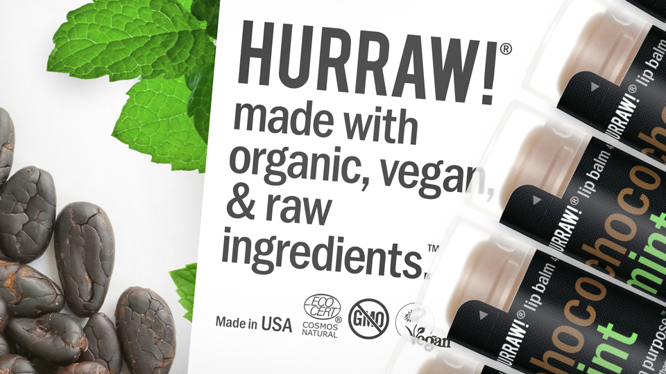 Visual features green mint leaves and coffee beans alongside several tubes of choco-mint flavored lip balm tubes. Text reads Made with organic, vegan, & raw ingredients.