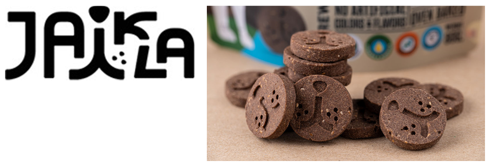JAIKLA logo and close-up view of round brown Jaika dog treats arranged in front of product packaging