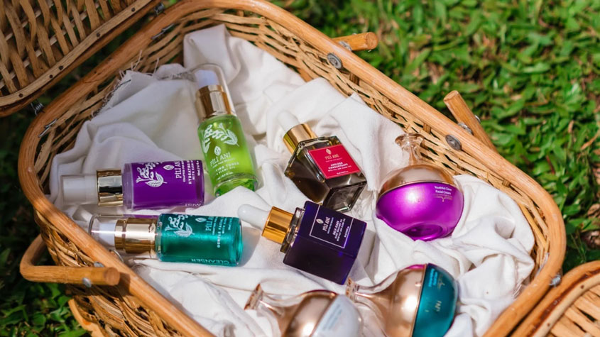 Photo of a basket full of Pili Ani's natural, sustainable and cruelty-free skin care and beauty products