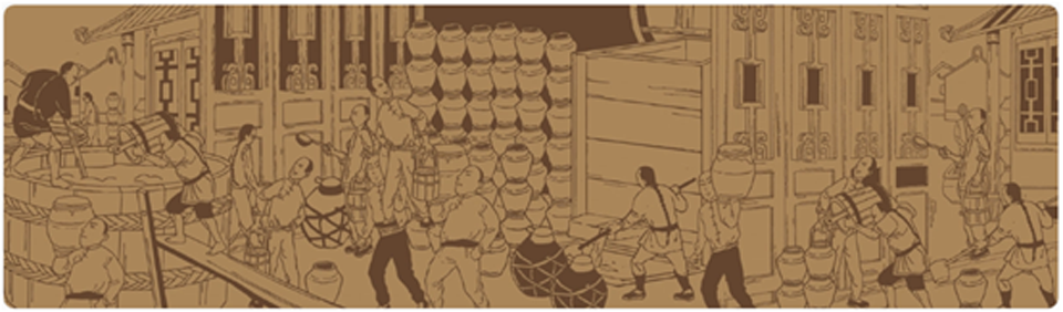 A sepia-toned illustration depicting a historical street scene where workers transport and stack large jars and barrels filled with soy sauce outside traditional Chinese buildings.