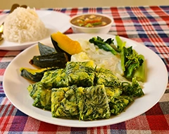 A dish with green vegetables on a plate with pieces of green omelet