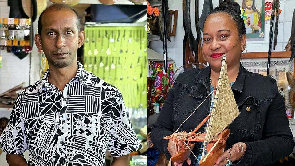 Bir Vijay Anand, one of the vendors of the Suva Handicraft Center (left) and Terry Sherren Salote in her shop (right)
