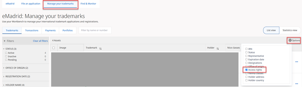 screenshot showing the eMadrid workbench with options icon open