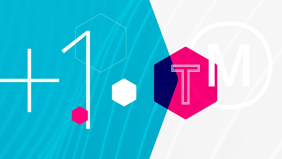 Abstract geometric graphic with a teal and white diagonal split background, featuring hexagon shapes, a plus sign, the number 1. On the left, and a pink-and-navy hexagon on the right containing a stylized letter T, with a faint circular letter M in the background.