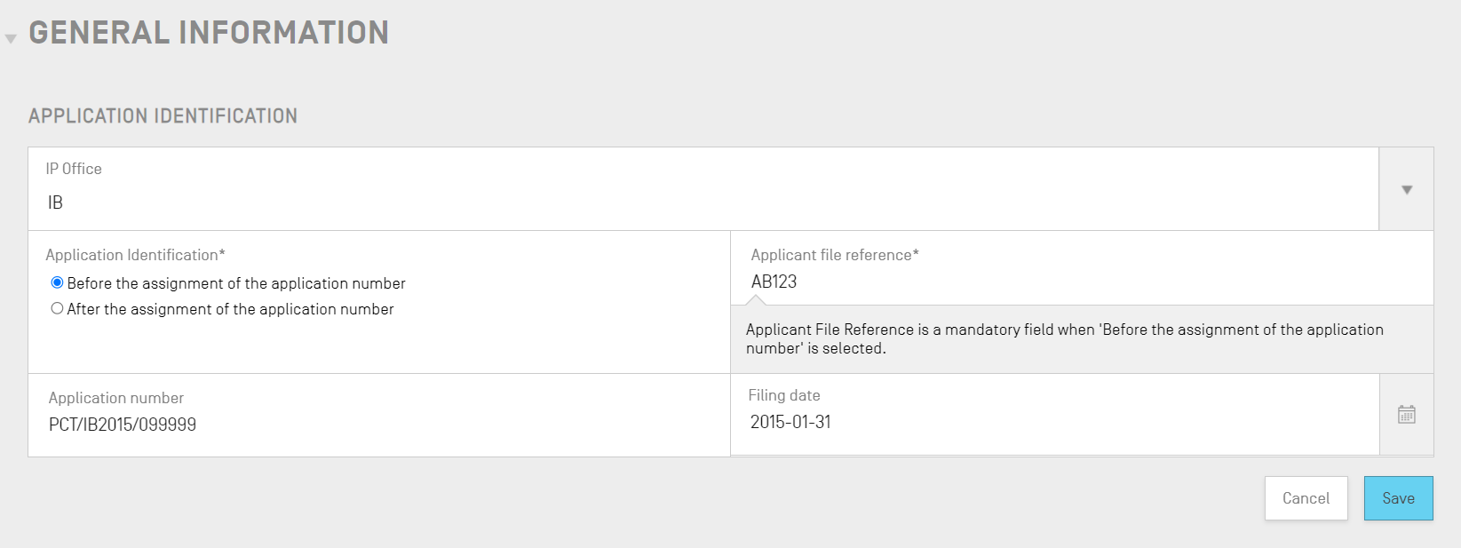 Capture d'écran montrant les champs d'identification de la demande