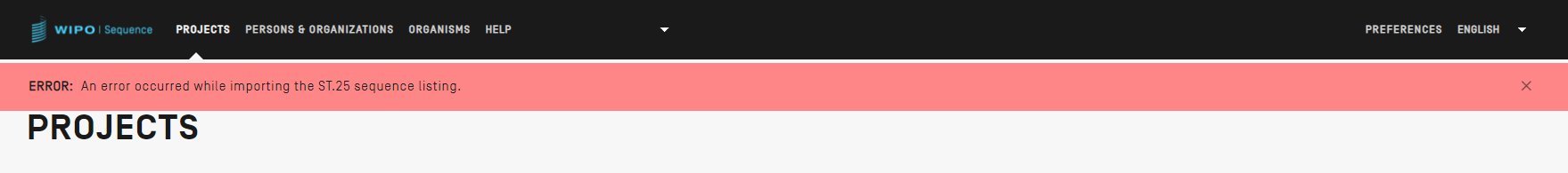 Bandeau rouge indiquant l'échec de l'importation