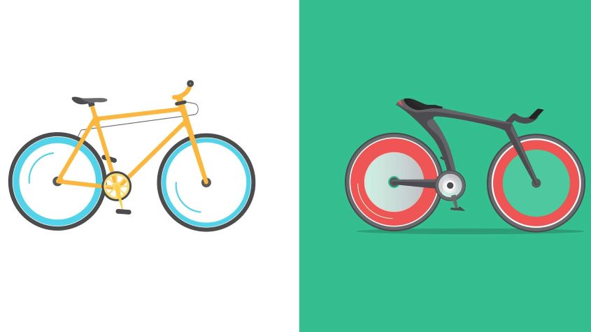 две разные конструкции велосипедов как демонстрация того, как спортивное оборудование может быть усовершенствованно благодаря инновационному конструкторскому решению.