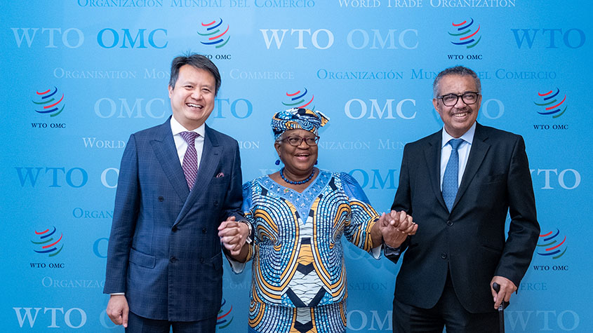 WIPO Director General Daren Tang (left), WTO Director General Ngozi Okonjo-Iweala (center) and WHO Director General Tedros Adhanom Ghebreyesus (right)