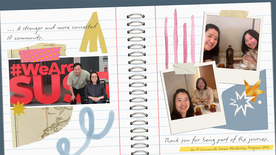 Scrapbook-style collage celebrating the SG IP Community Career Mentorship Program 2026, featuring photos of mentors and mentees, decorative stars, and the message 