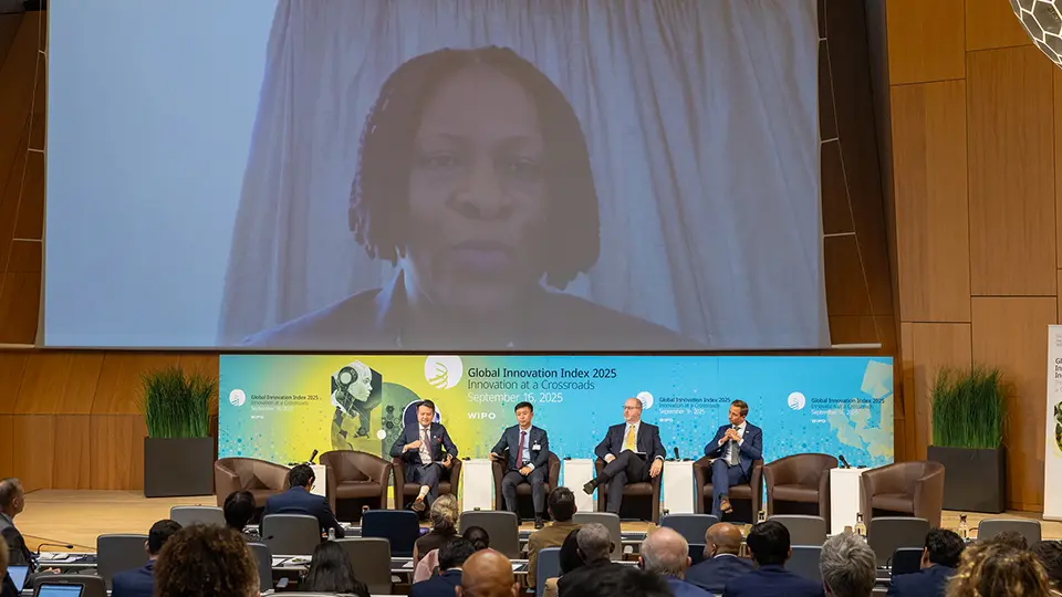 View of the panel discussion “Innovation at a Crossroads: Charting the Future” during the launch event for the Global Innovation Index 2025.