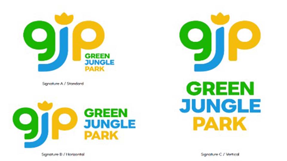 Green Jungle Park (GJP) logo variations in standard, horizontal, and vertical layouts, in green, blue, and yellow.