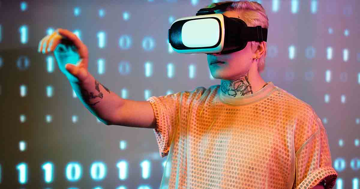 Person wearing a VR headset reaching out with hand against a digital binary code backdrop