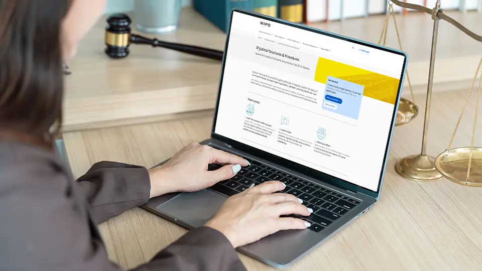 一名女性使用笔记本电脑访问知识产权司法架构和程序数据库