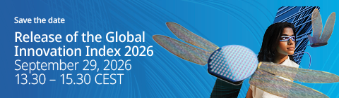 Banner for the Global Innovation Index 2026, featuring a woman wearing smart glasses alongside a drone and a technological structure, set against a blue background. Click to view details and register.
