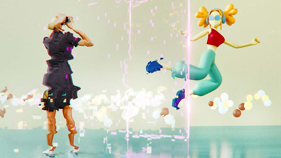 Woman wearing VR headset viewing a glitch-effect digital avatar of herself as an animated 3D character floating in virtual space.