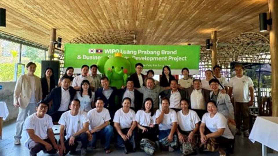 Group photo at the WIPO Luang Prabang Brand and Business Strategy Development Project event, with participants and a green mascot