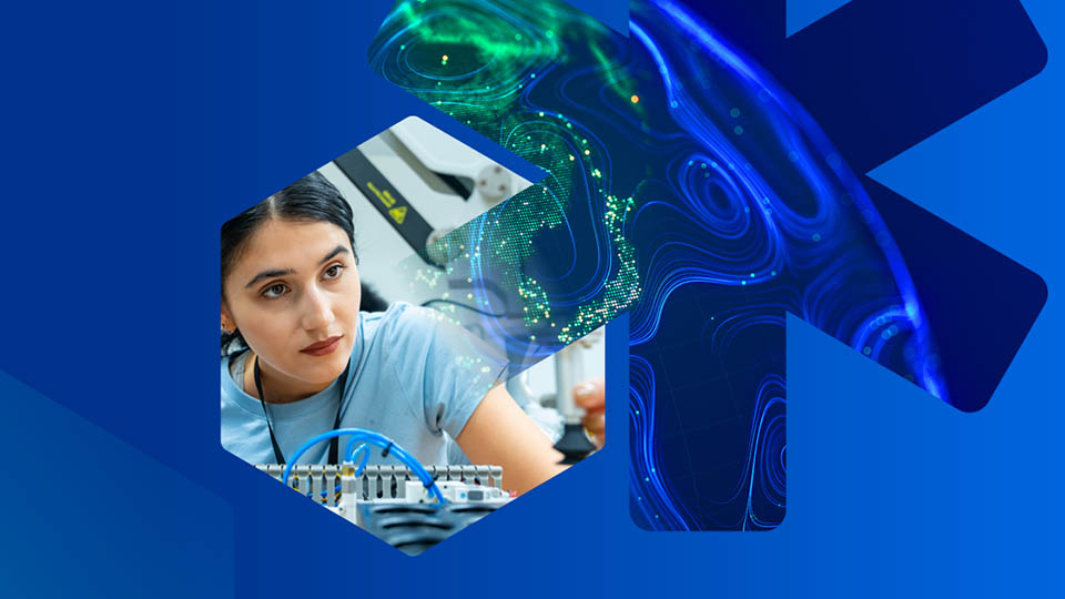 Female engineer working on electronic circuit board with abstract blue and green digital technology background