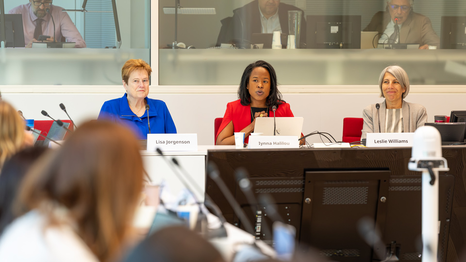 Iynna Halilou, keynote speaker (middle) delivering her keynote address at the Women and IP Symposium 2026.