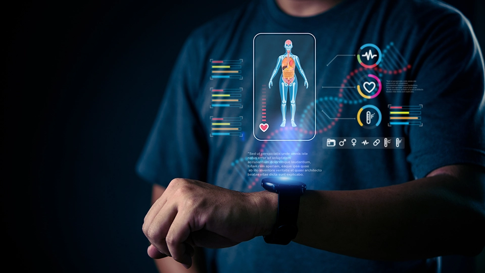 AI-enabled wearable health device on a person's wrist.