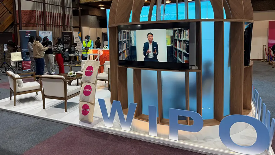 WIPO's exhibition booth, designed by Mauritius-based stand-builder Exhibit Africa, at the AI Everything Kenya GITEX 2026