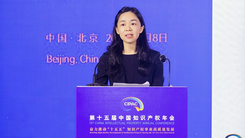 Ms. Ding Lan, Deputy Director General of the Jiangsu Provincial Intellectual Property Administration speaking on stage