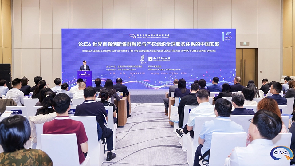 Speaker at a podium addressing seated attendees during Breakout Session 6 on the World's Top 100 Innovation Clusters at the 15th China Intellectual Property Annual Conference