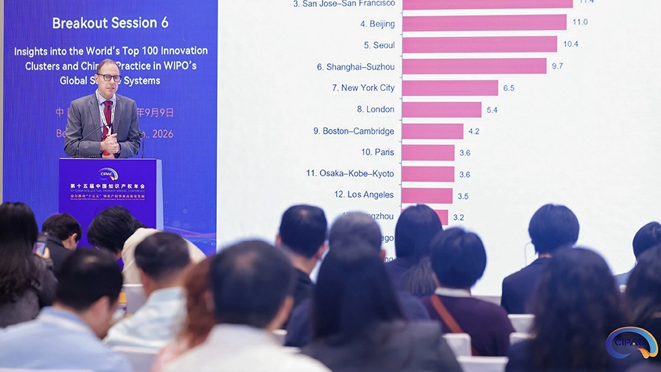 Carsten Fink presenting a bar chart ranking the world's top innovation clusters, including Beijing, Seoul, and Shanghai-Suzhou, during Breakout Session 6.