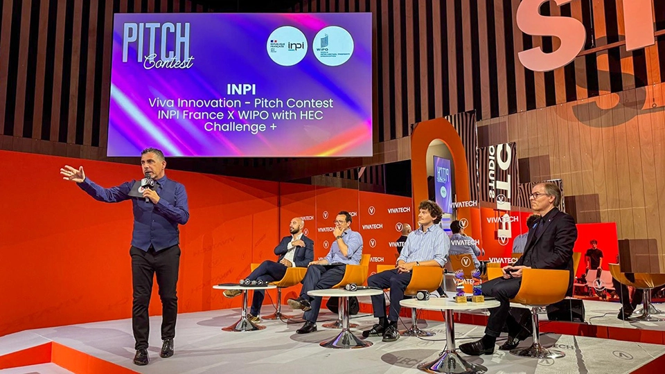 A contestant pitching his idea during the INPI–WIPO–HEC Paris pitch contest at VivaTech 2026
