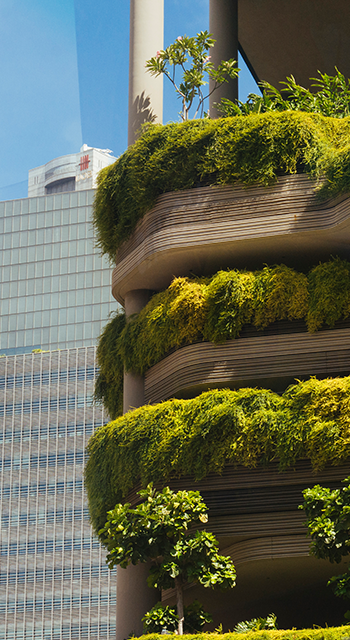 City high rise apartment building with lush vertical garden.