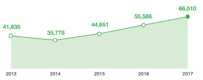 Graph showing the number of course participants in 2013 (41,635), 2014, 2015, 2016 and 2017 (66,510)